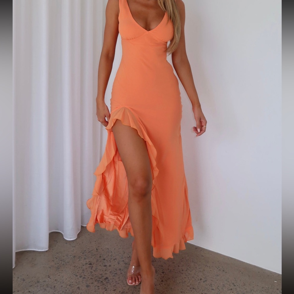 White Fox Boutique Orange Asymmetrical Ruffled Midi Dress